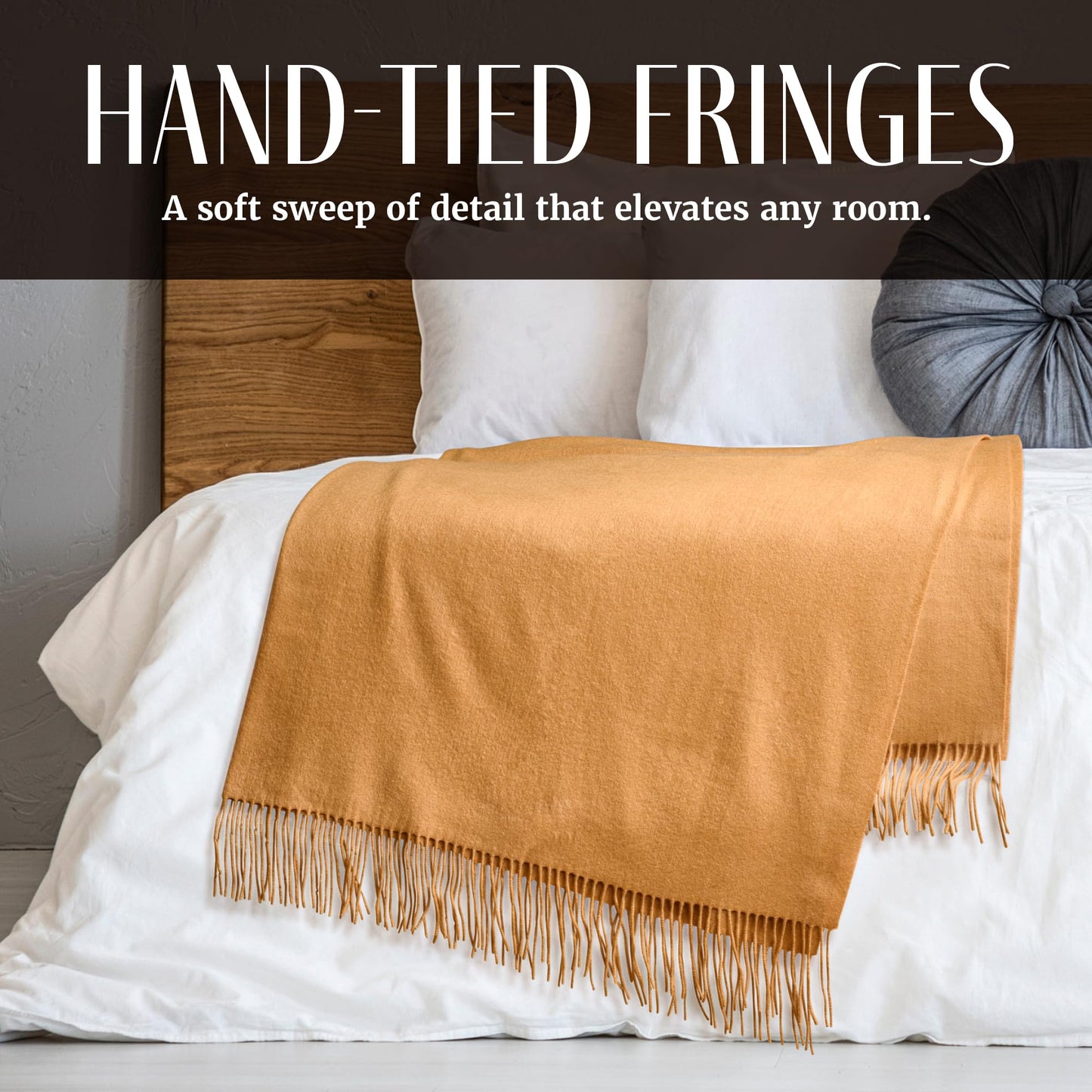 Velanio Cashmere 100% Cashmere Throw Blanket with Fringe 60 x 54 Inch Super Soft Warm for Home, Travel Sofa Bed (Camel)