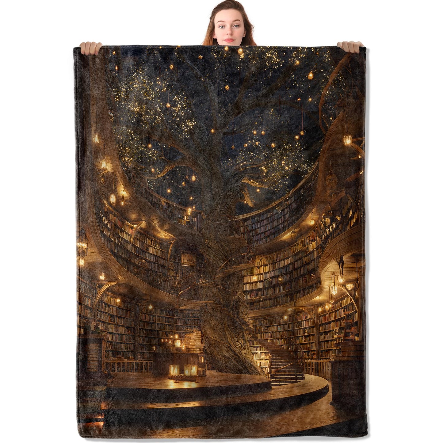 YCUFN Library Tree Flannel Blanket 50"x60" Magical Bookshelf Staircase Lightweight Throw Blankets Birthday for Fantasy Lovers Reading Nook Office Bedroom Sofa Fantasy Home Decorate