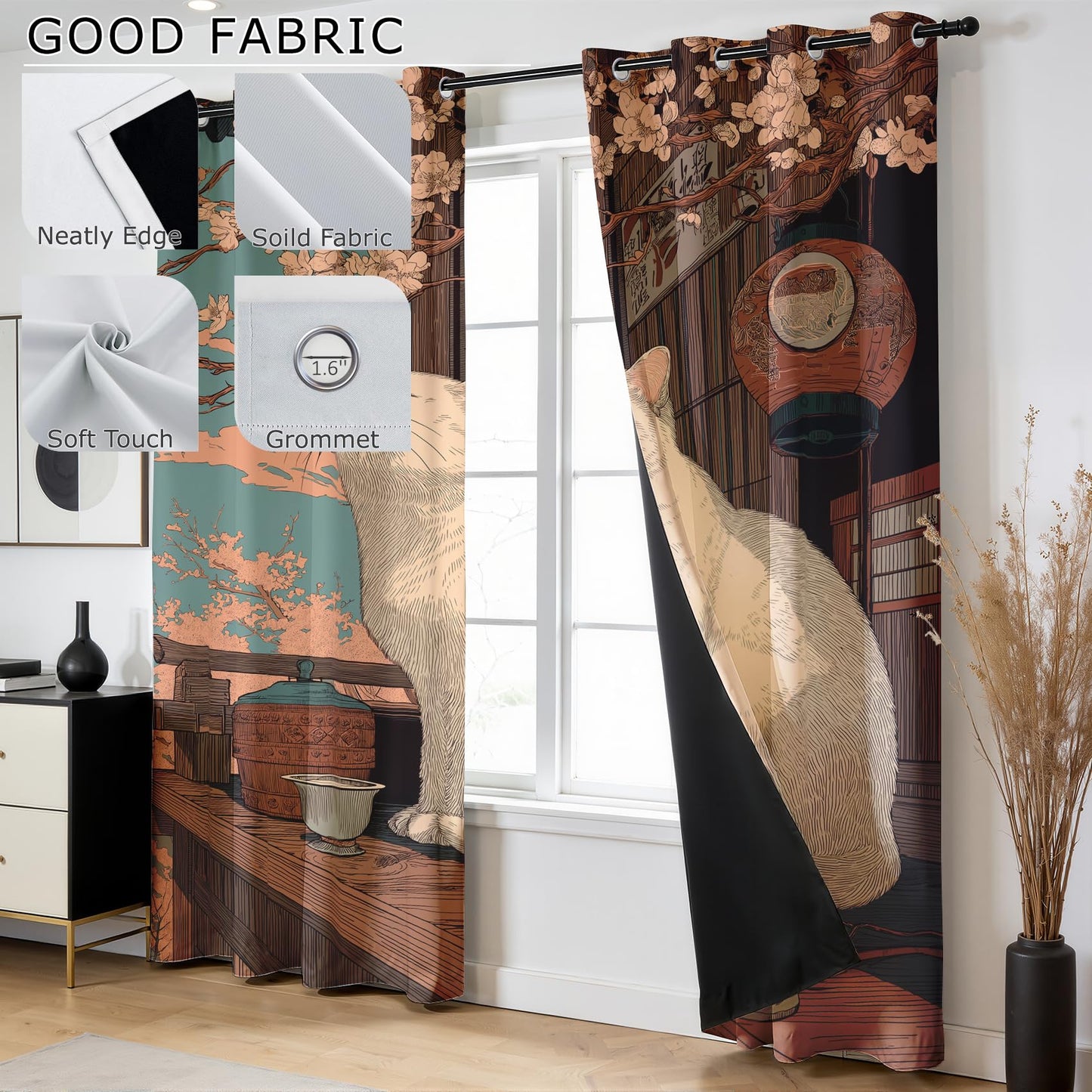 Solvivae Cat Blackout Curtains 63 Inch Length, Japanese Cat Curtains for Bedroom Living Room, Room Darkening Thermal Insulated Grommet Drapes, Patterned Window Treatments