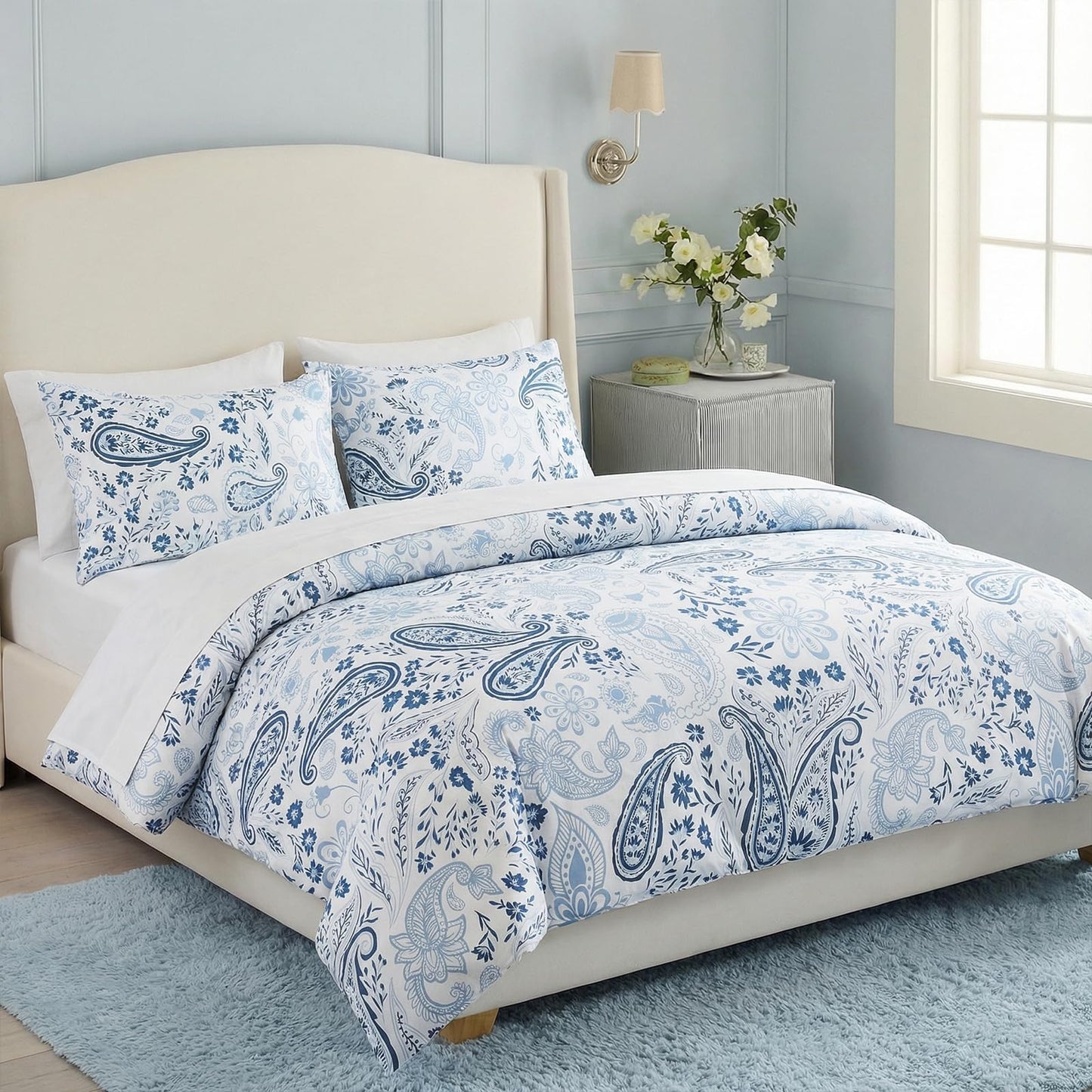 Bedorm 100% Cotton Duvet Cover Set Blue Paisley Bedding Set Vintage Paisley Floral Design Boho Chic Bedding 3 Pcs Soft, Breathable & Durable Duvet Cover with Zipper Closure