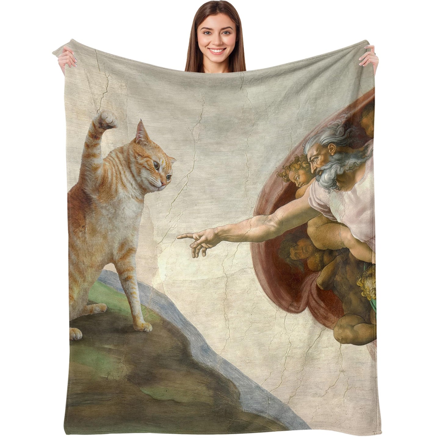kampdream Funny Cat Art Flannel Blanket, Michelangelo Parody with Orange Cat, Super Soft and Warm Blanket for Couch Sofa Living Room Ideal Gift Beige 50×60 inch