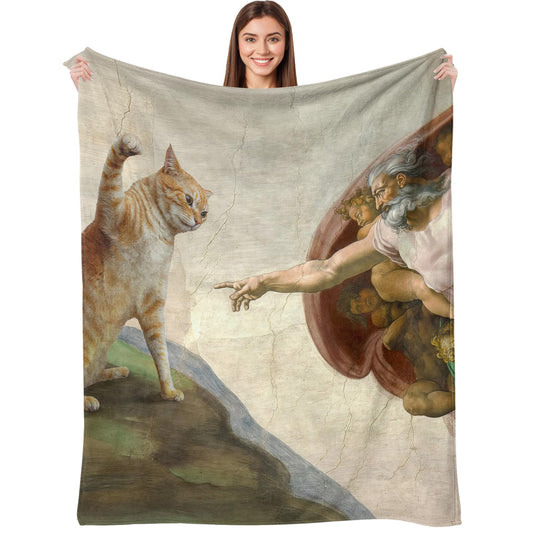 kampdream Funny Cat Art Flannel Blanket, Michelangelo Parody with Orange Cat, Super Soft and Warm Blanket for Couch Sofa Living Room Ideal Gift Beige 50×60 inch
