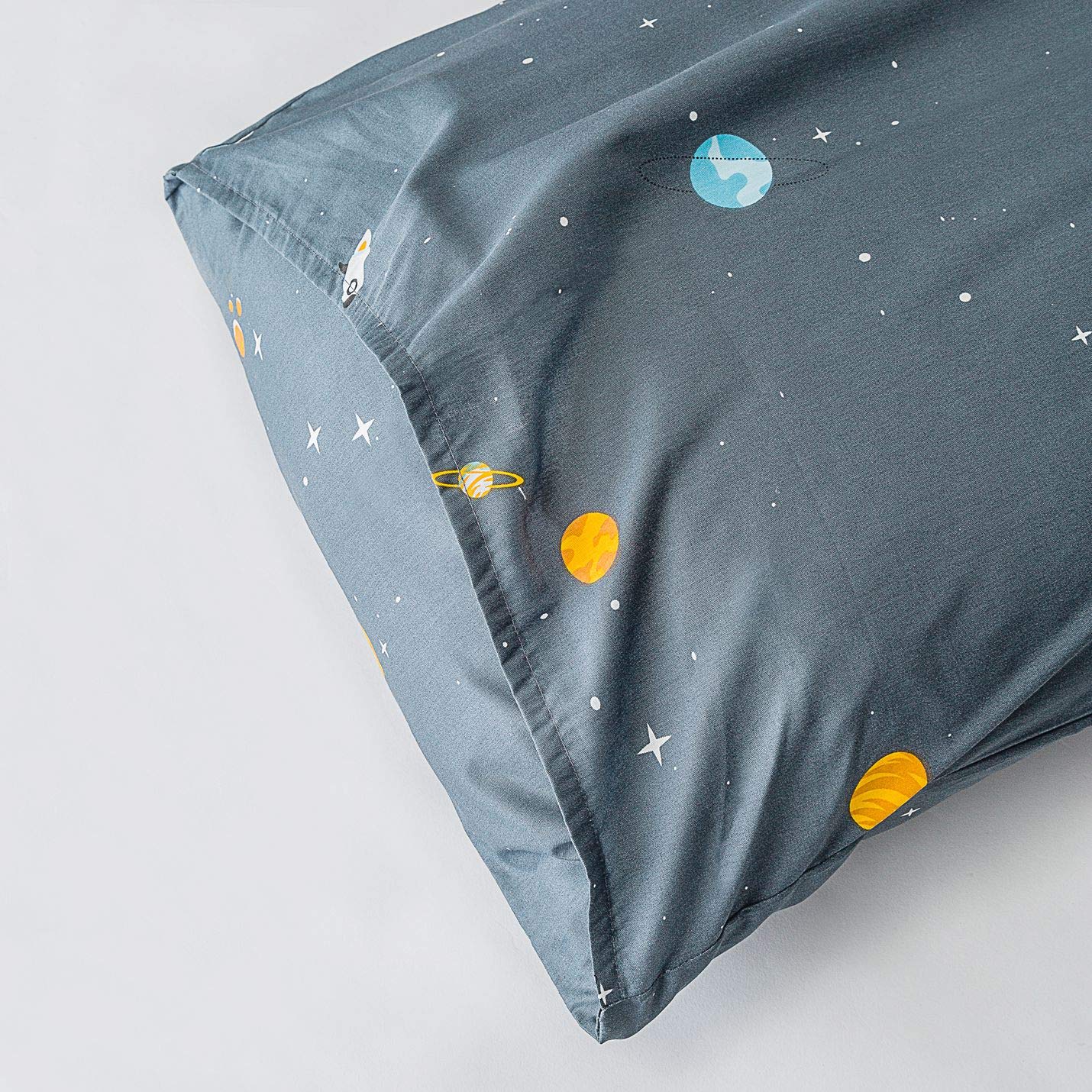 YuHeGuoJi Teal Space Duvet Cover Queen 100% Cotton 3 Pcs Set 1 Cartoon Yellow Blue Galaxy Duvet Cover with Zipper Ties 2 Pillowcases Modern Celestial Planet White Stars Bedding Set Soft