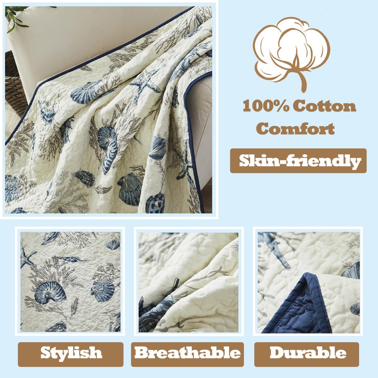 Brandream Queen Size Blue Ocean Quilted Comforter Set Nautical Bedding Set 100% Cotton Bedspread Coverlet Set 3-Piece