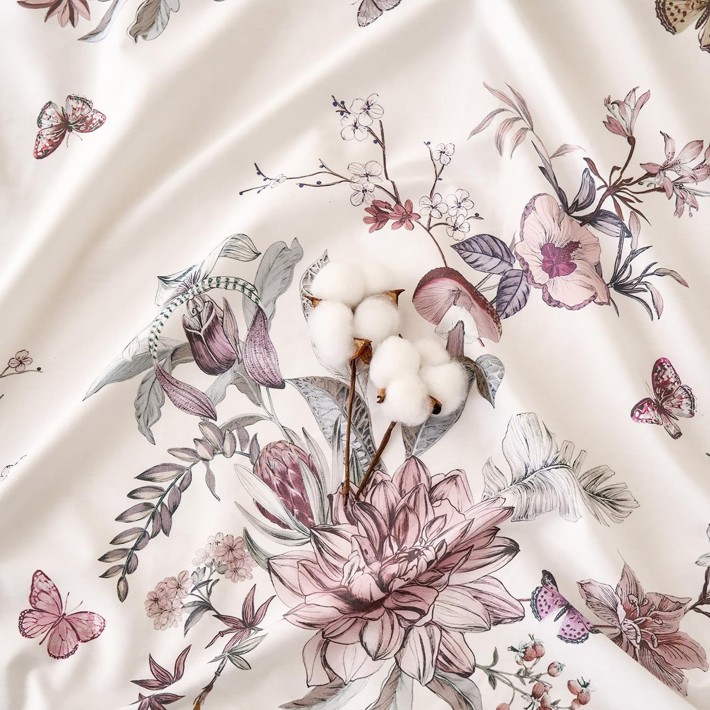 Huborise Queen Size Sheet Set Dusty Rose Floral Bed Sheets 100% Cotton 4Pcs, Light Pink Flower & Butterfly Printed Bed Set with Deep Pocket 17.5", Soft Breathable & Crisp, Luxury French Country Style