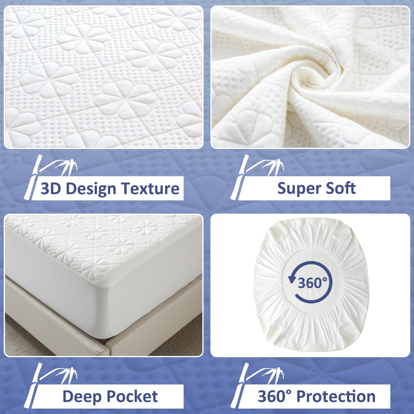 KUTUU Bamboo Viscose Queen Size Waterproof Mattress Protector, Cooling Mattress Pad Cover for Queen Size Bed, Super Soft Queen Size Mattress Cover for 6-18 inches Mattress, White