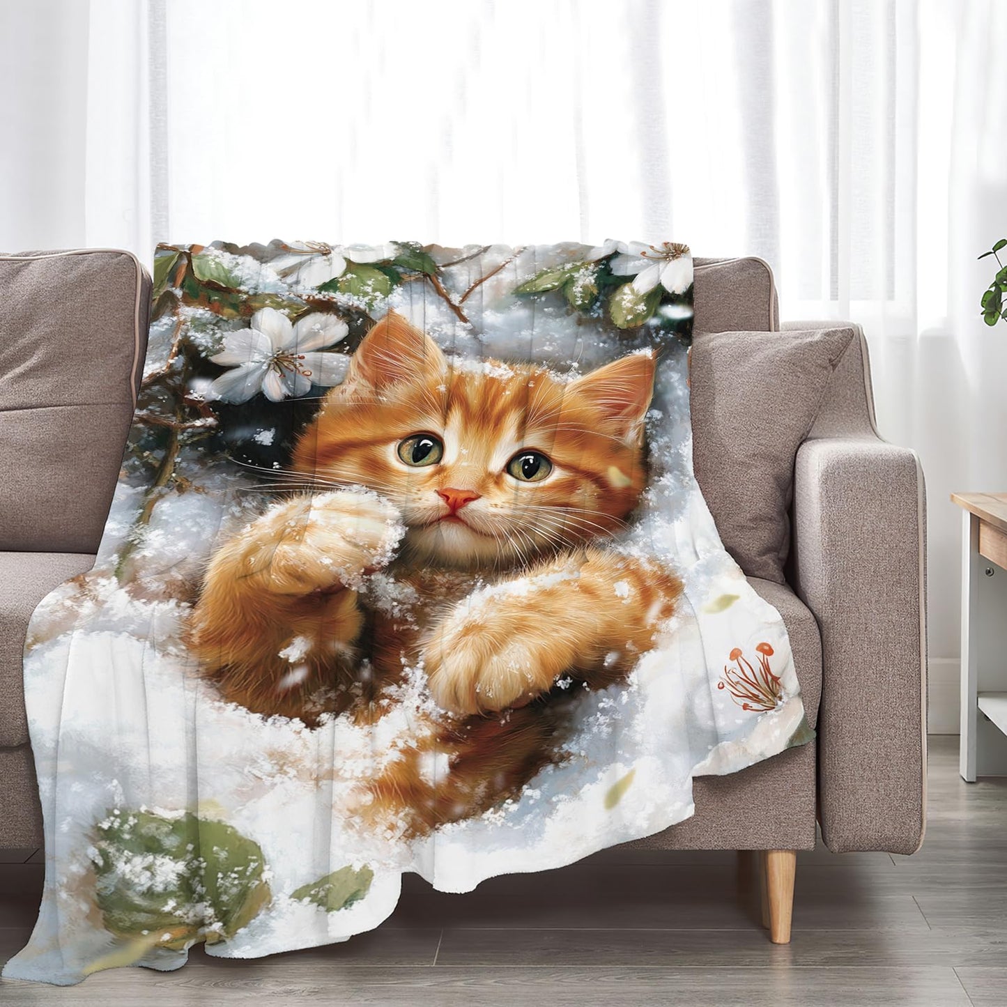 Cat Blanket Cute Kitten Winter Snowny Throw Blankets Soft Warm Cozy Fuzzy Plush Gifts for Girls Women Lightweight Fleece Flannel Stuff Decor Gift for Kids Adults Lover 50"X40"