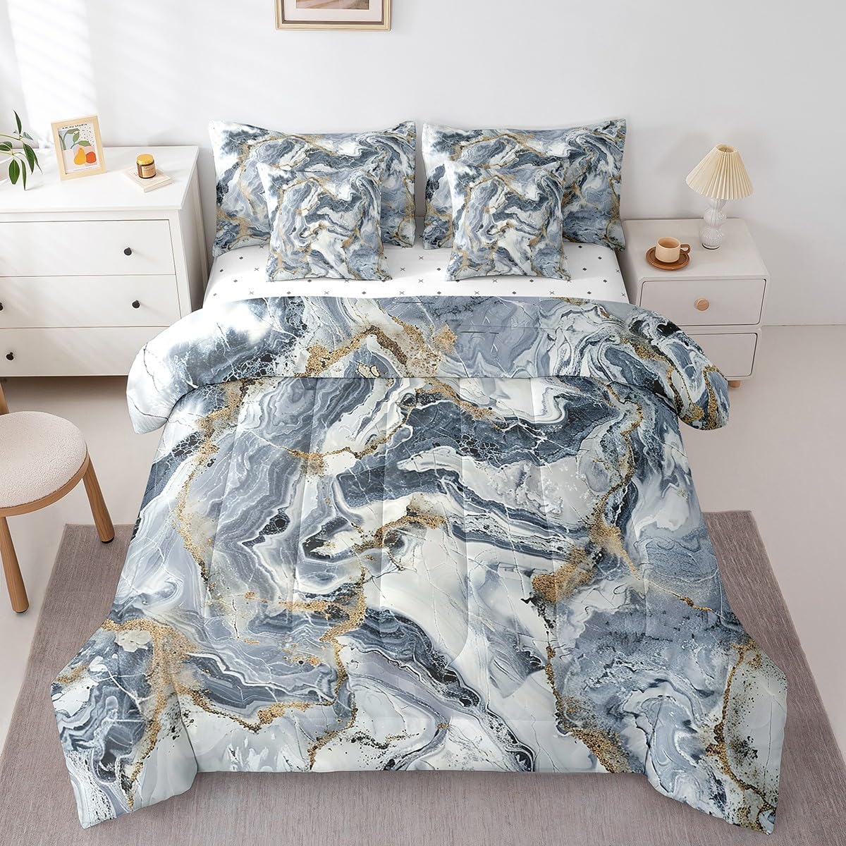 Erosebridal Marble 7 Pcs Comforter Set Queen Size Ink Fluid Bedding Modern Marbling Art Bed in A Bag for Boys Men Teens Luxury Stone Liquid Blue Gold Abstract Bed Set