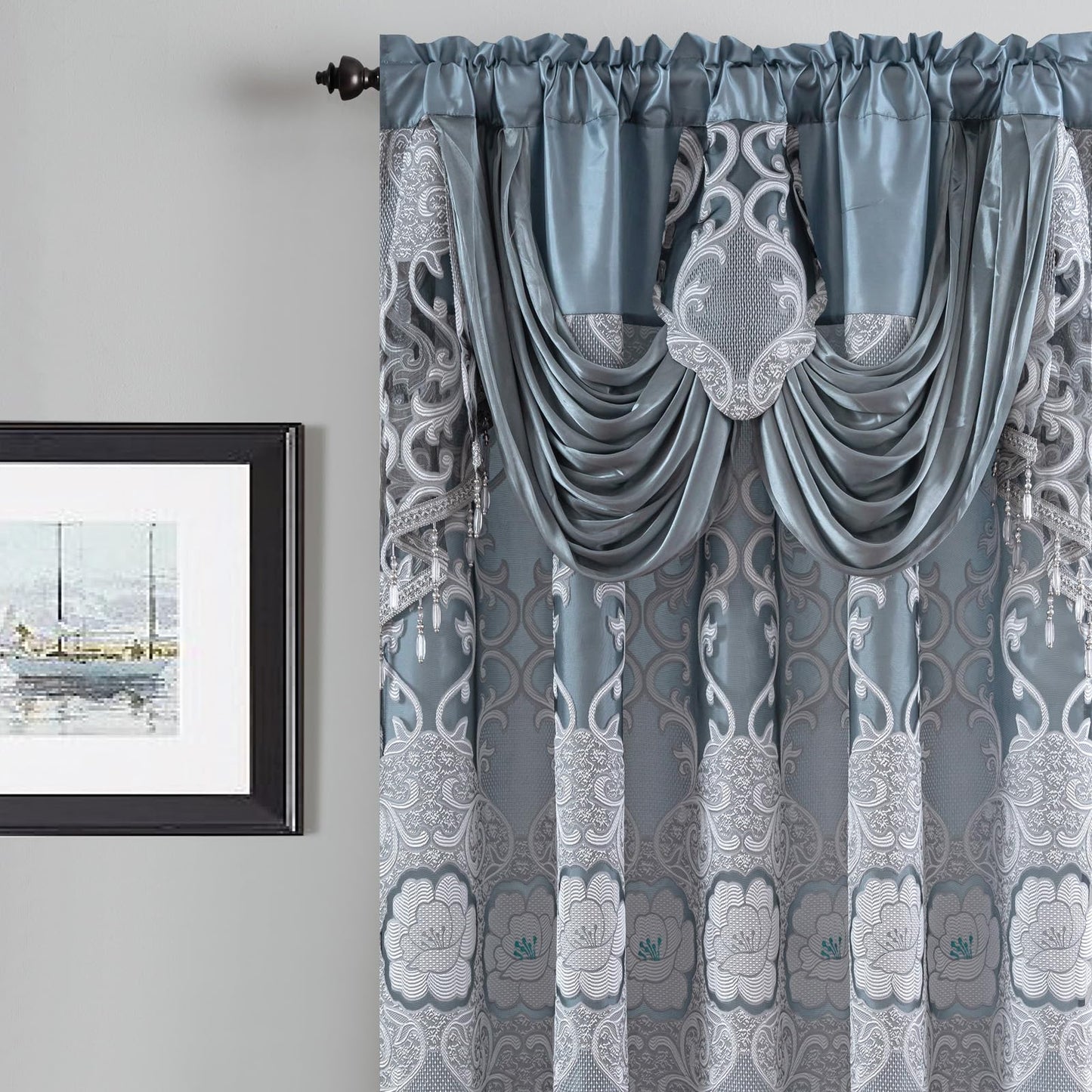 Petrichor Gray Sheer Jacquard Voile Curtains （54" W x 63" L）, 2 Panels with Attached Valance, Double Layer Floral Cutwork Design with Luxurious Texture, Rod Pocket, for Bedroom & Living Room