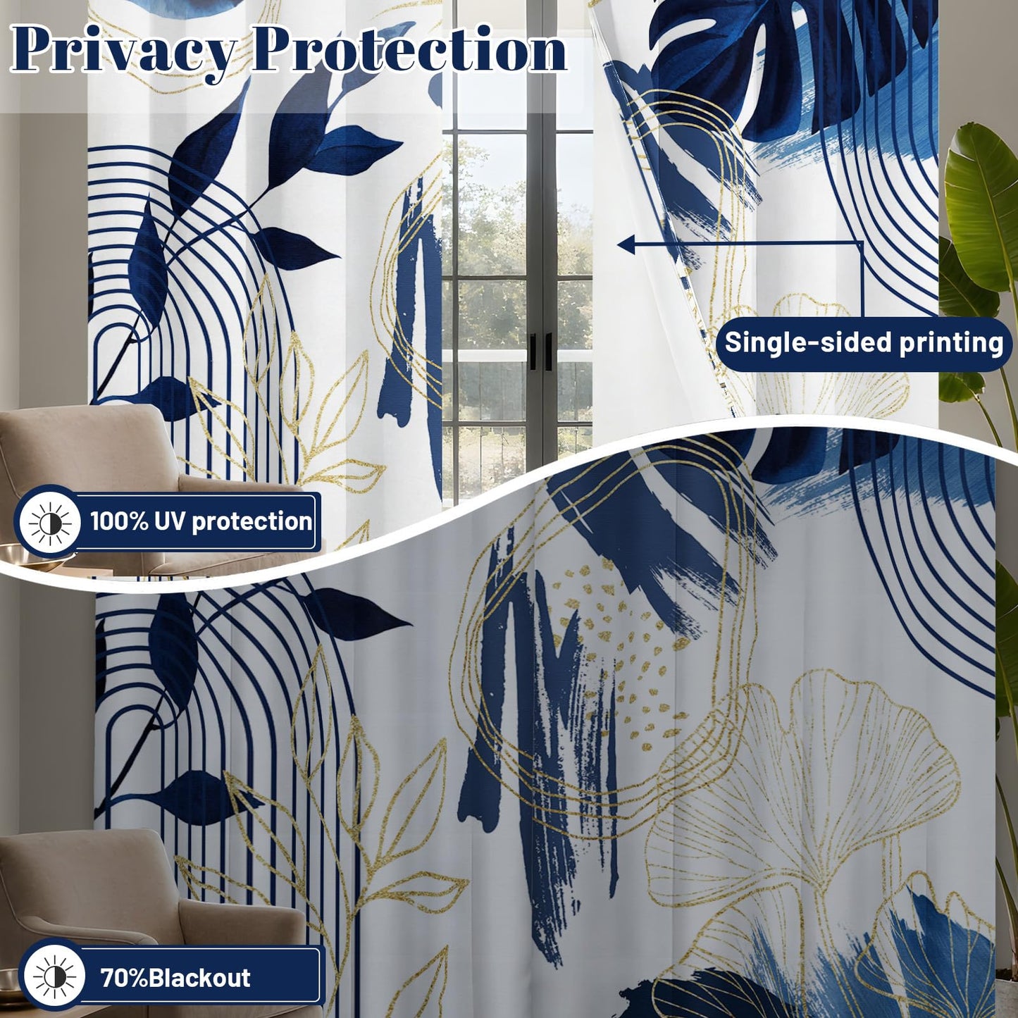 soeeao Boho Navy Blue Leaf Blackout Curtains, Bohemian Mid Century Modern Dark Blue and White Palm Window Drapes for Bedroom Living Room, 84 inch Length 2 Panels Set, 52x84 inch