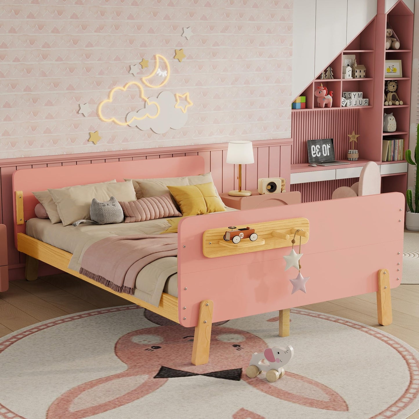 Aurnienofus Full Size Bed Frame with Removable Rails, Montessori Wood Beds with Headboard, Storage Shelf & 2 Hanging Rod, Full Bed Frames Low to Ground for Children Boys Girls, Pink