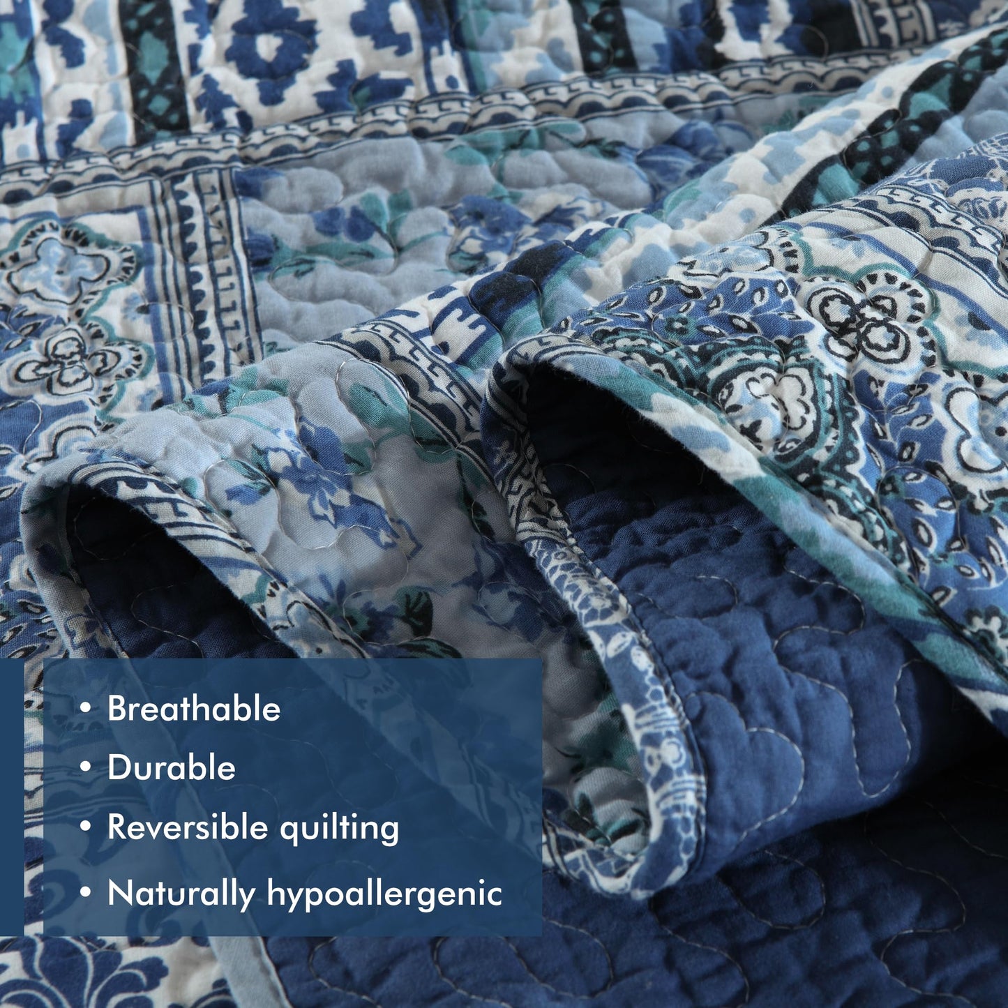 Etwel Cotton Patchwork Queen Size Quilt Set - Lightweight Breathable Reversible Bedspread for Hot Sleepers, Farmhouse Floral Bedding Set with 2 Pillow Shams for All Season (90"x98", Navy Blue)
