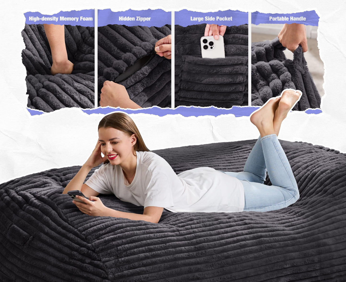 Hobestluk 6FT Bean Bag Chairs Adult Bean Bag with Portable Handle Comfy Large Bean Bag Lounge Chair with Removable Cover for Living Room Bedroom (Stripe Dark Grey, 6FT)