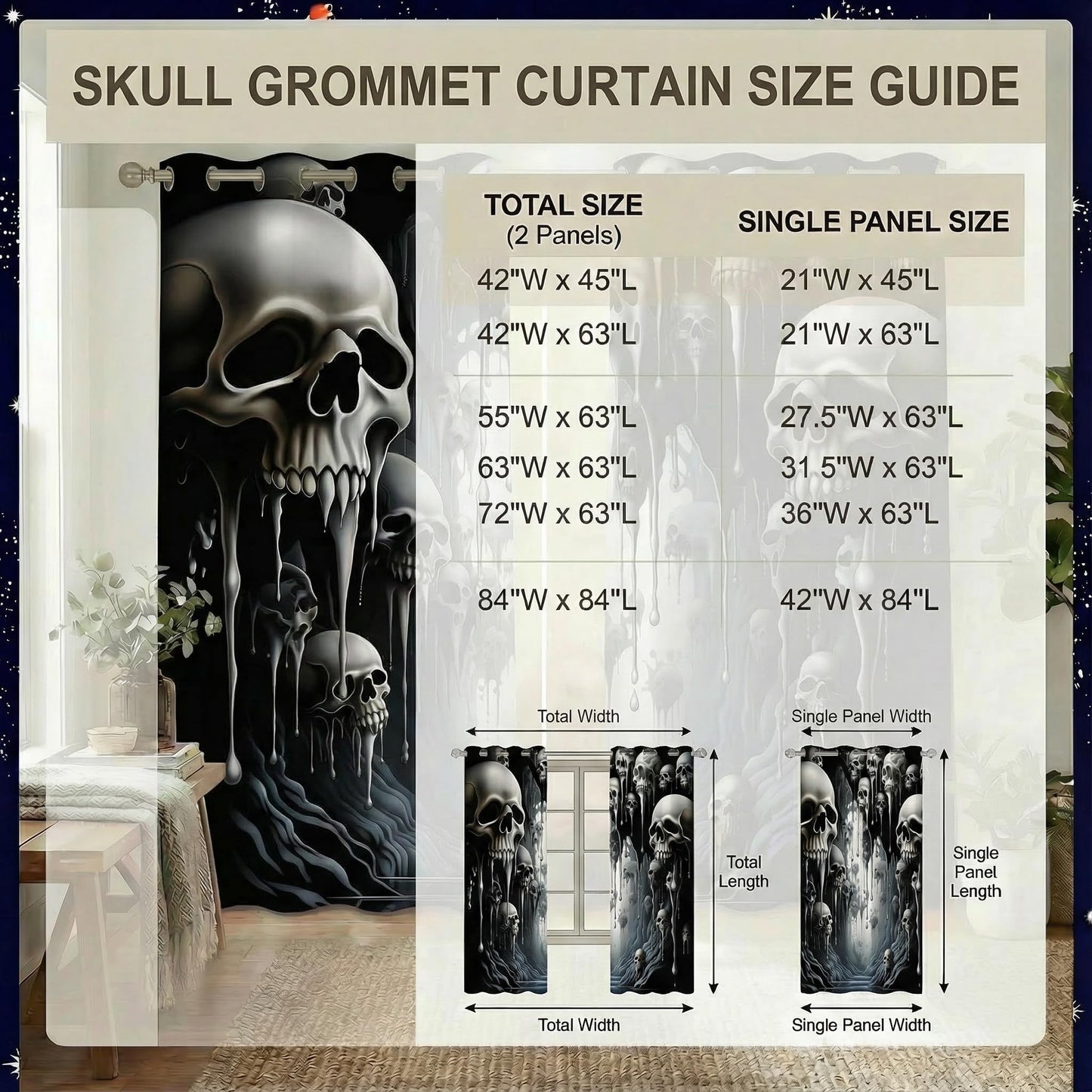 ONINUO Horror Skull Blackout Curtains for Girls Boy Home Decor, Day of The Dead Spooky Halloween Grommet Thermal Insulated Drapes Darkening Window Curtain for Bedroom Living Room, 42 x 45 Inch