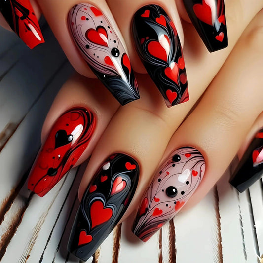 MERVF Coffin Press on Nails Long, Black Red Fake Nails Heart Striped Glue ons Goth Design Acrylic Nail Glossy 24pcs