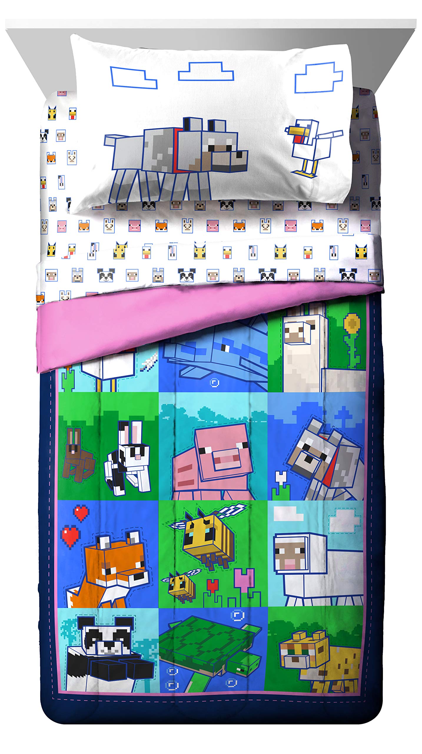 Jay Franco Minecraft Animal Patch 5 Piece Twin Bed Set - Includes Comforter & Sheet Set Bedding - Super Soft Fade Resistant Microfiber (Official Minecraft Product)