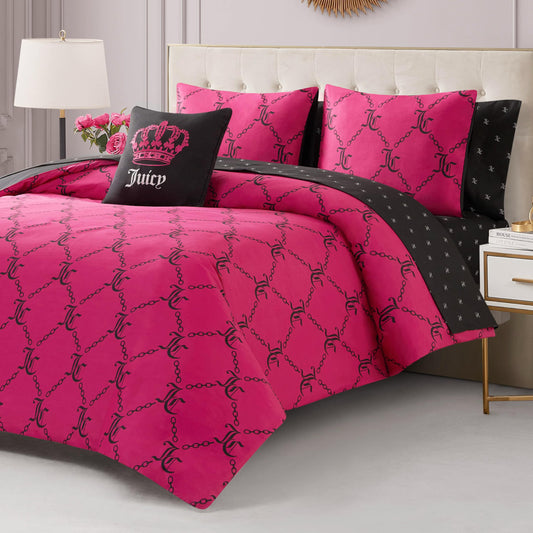 Juicy Couture Hot Pink/Black Link Logo Printed Comforter Set, Queen – Complete 8-Piece Bed in a Bag Collection