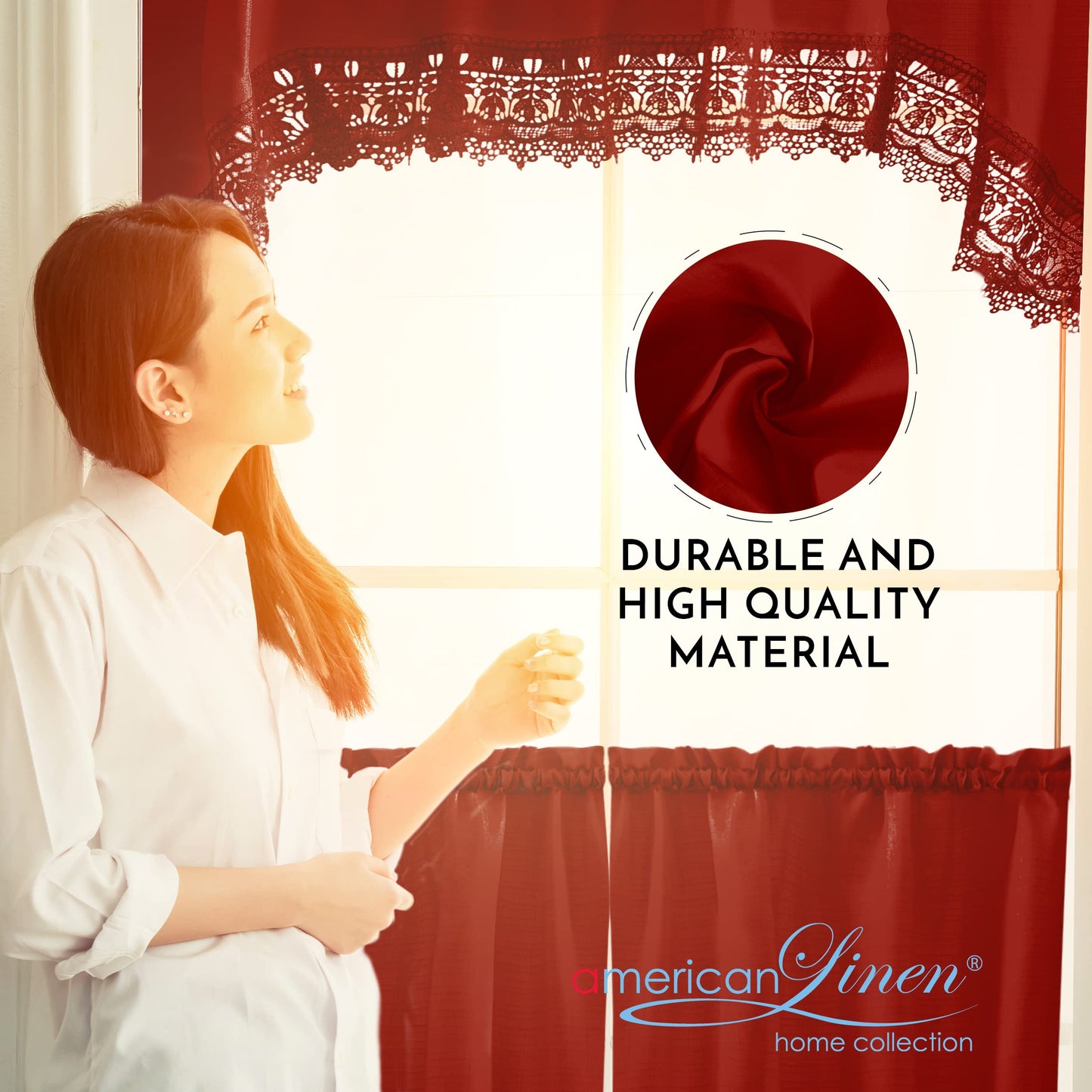 American Linen 3-Piece Kitchen Café Curtains with Embroidered Lace (Red)