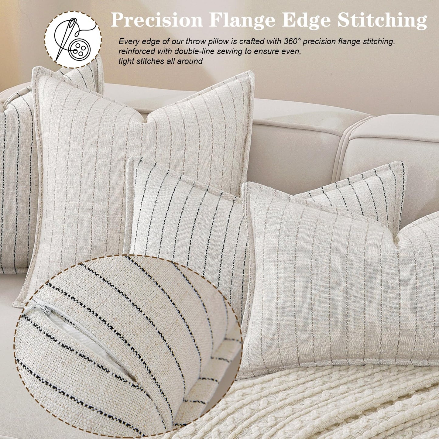 QDTTSRY Decorative Neutral Black Striped Throw Pillow Covers Set of 2-18x18 Inch Boho Farmhouse Pillow Covers, Breathable & Soft Neutral Linen Blend Cushion Covers for Couch Sofa Bedroom Living Room