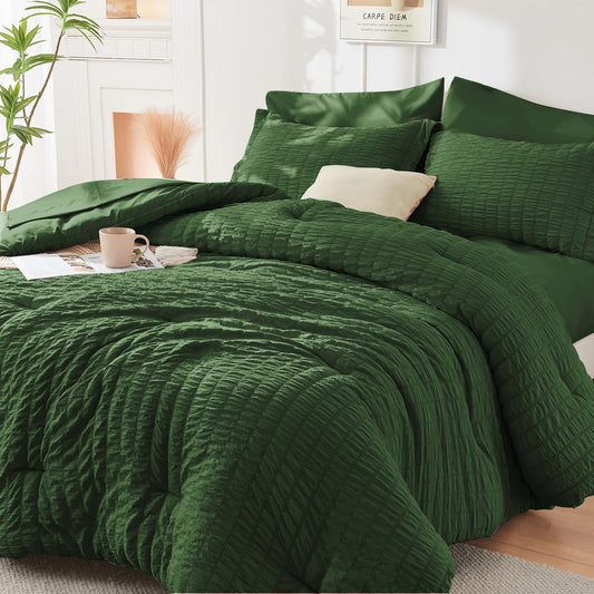 HYMOKEGE Dark Green Twin Comforter Set Seersucker 5 Pieces, All Season Luxury Bed in a Bag Queen for Bedroom, Bedding Set with Comforter, Sheets, Pillowcase & Sham