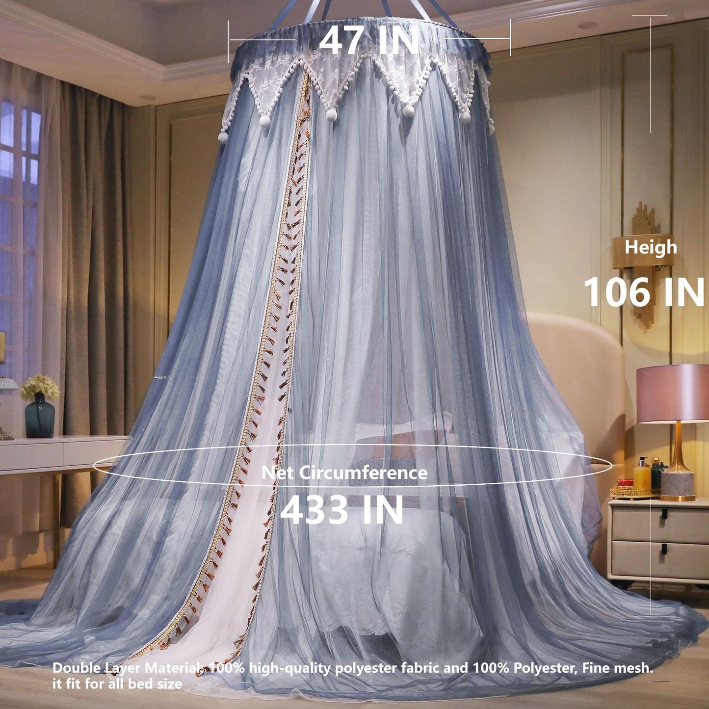 AIKASY Girls and Adults Canopy Bed, Elegant Double-Layer Bed Curtain, Children's Dream Round Lace Mosquito Net, Princess Canopy Net - Fits Twin, Full, Queen, and King Beds (White/Blue)