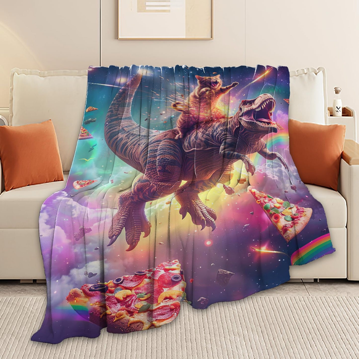 Cat and Dinosaur Blanket Rainbow Pizza Dino Cat Throw Blanket Gifts for Adults Men Women Boys Girls Kids Super Soft Cozy Plush Fluffy Fuzzy Fleece Blanket Decor 50''X60''