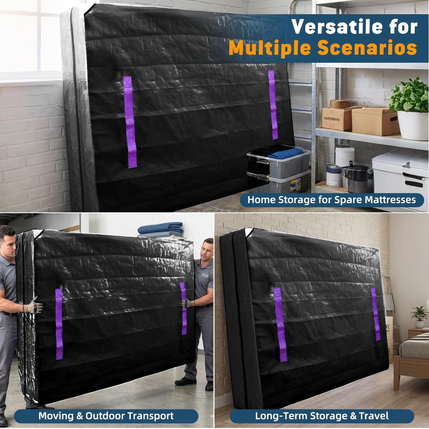 Tarpupu Mattress Bag for Moving Storage Handles Zipper Heavy Duty Twin Mattress Encasement Reusable Waterproof Mattress Cover Protector Moving Dorm Apartment Packing Storage (77"x42"x15" Black)