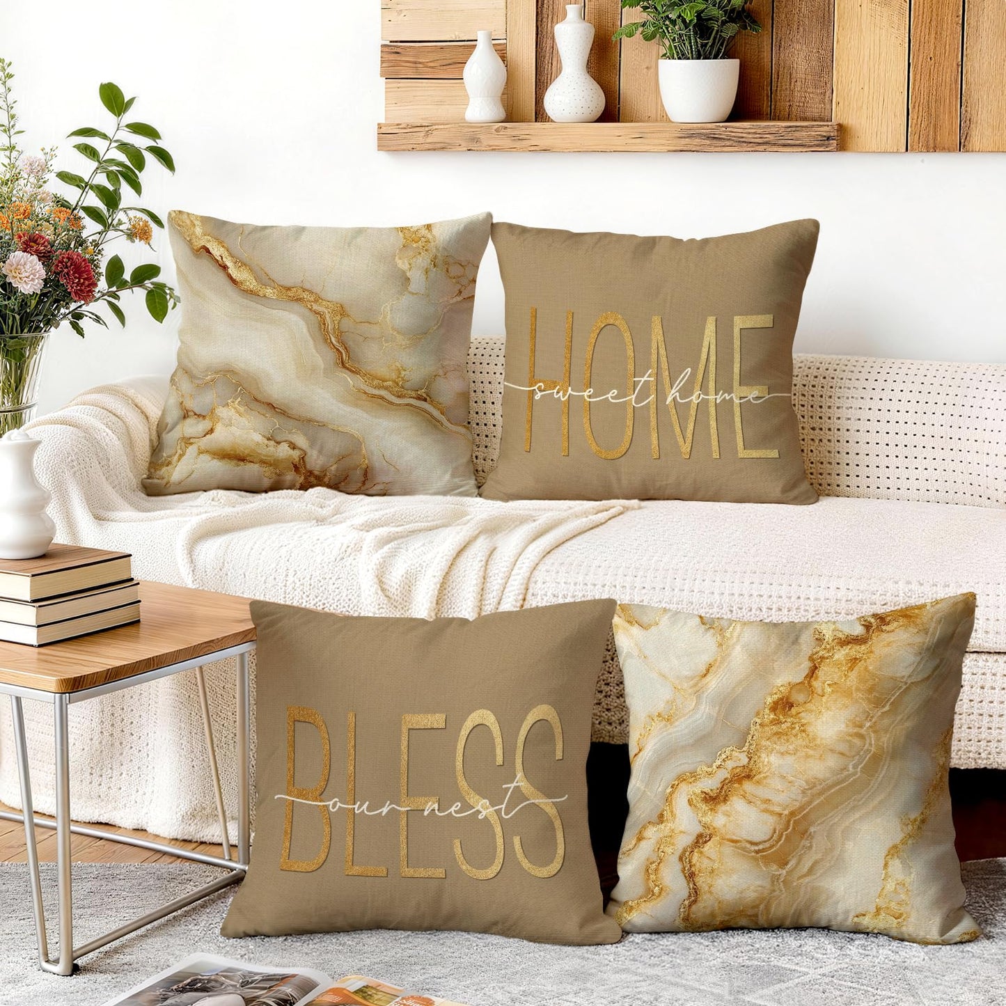 ORMAN Beige Gold 18x18 Marble Pillows Covers Set of 4 Decorative Pillowcase Cushion Cover for Car Sofa Bedroom