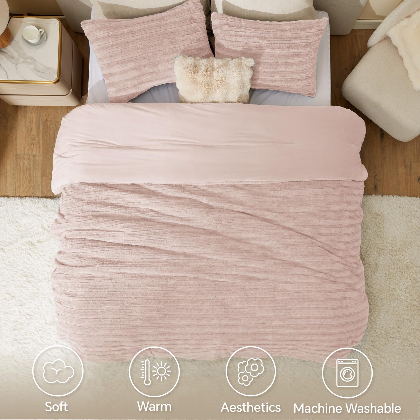 BEDELITE Fleece Queen Comforter Set -Super Soft & Warm Fluffy Pink Faux Fur Bedding, Luxury Fuzzy Heavy Bed Set for Winter with 2 Pillow Cases