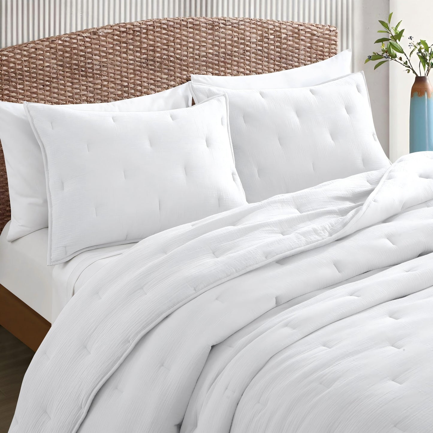 COZYXWORLD Pre-Washed 100% Cotton Muslin Gauze Comforter Set, 3 Piece Full/Queen Quilt Set, Duvet Insert with Corner Loops, 1" Line Quilted, White
