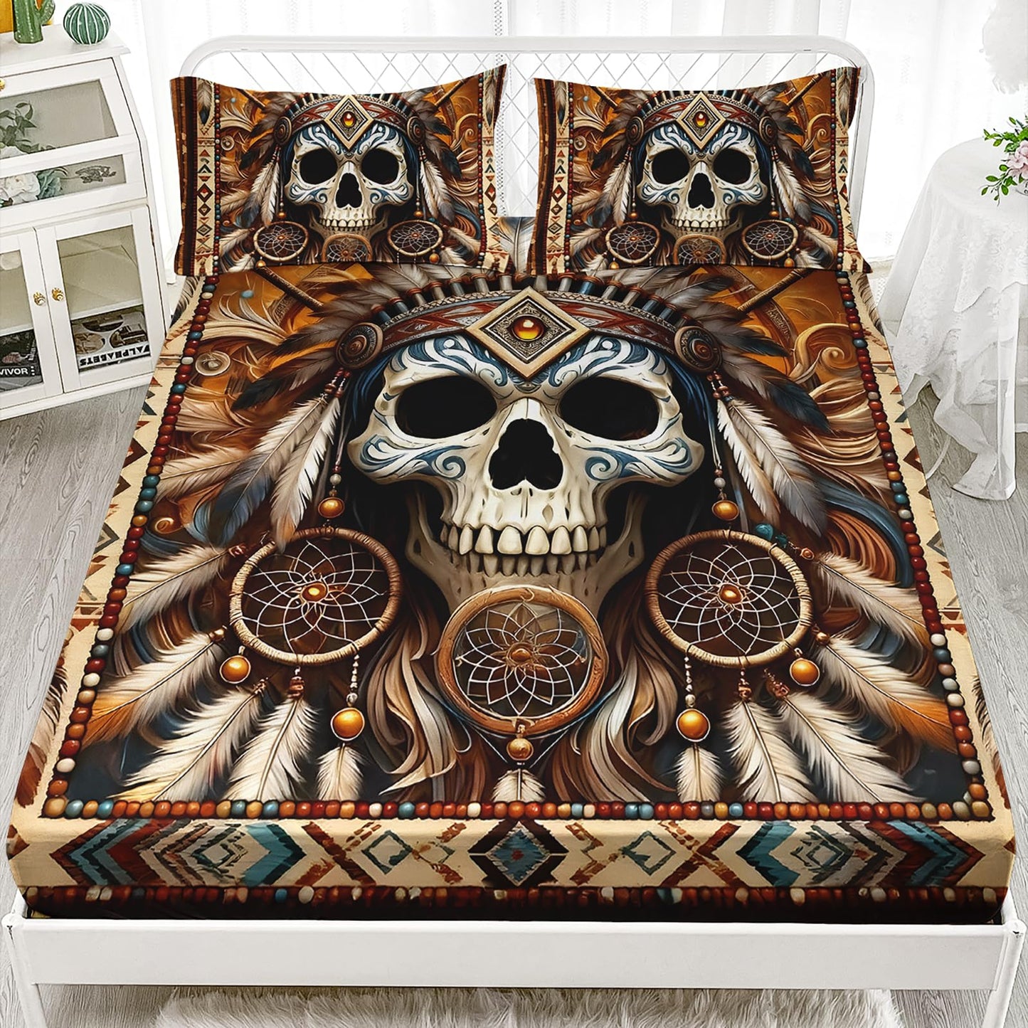 AILONEN Goth Skull Fitted Sheet Set Queen Size,Native American Bedding Set for Room Decor,Ethnic Feather Print Bed Sheets with 2 Pillowcases,3Pcs