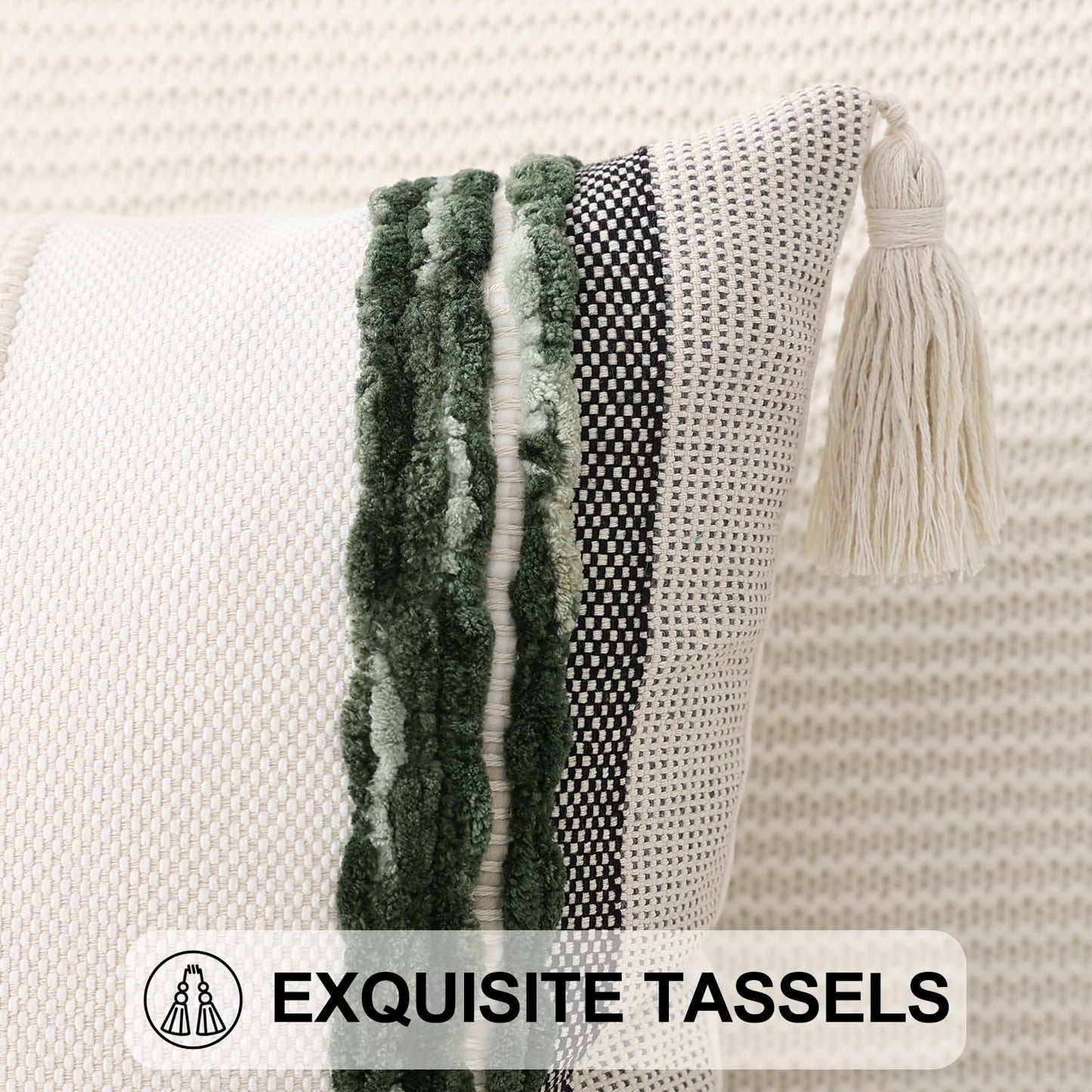 Simmore Boho Decorative Throw Pillow Covers 18x18 Set of 2, Tufted Farmhouse Pillow Covers with Tassels for Cozy Bohemian Couch Sofa Bedroom Home Decor, Green