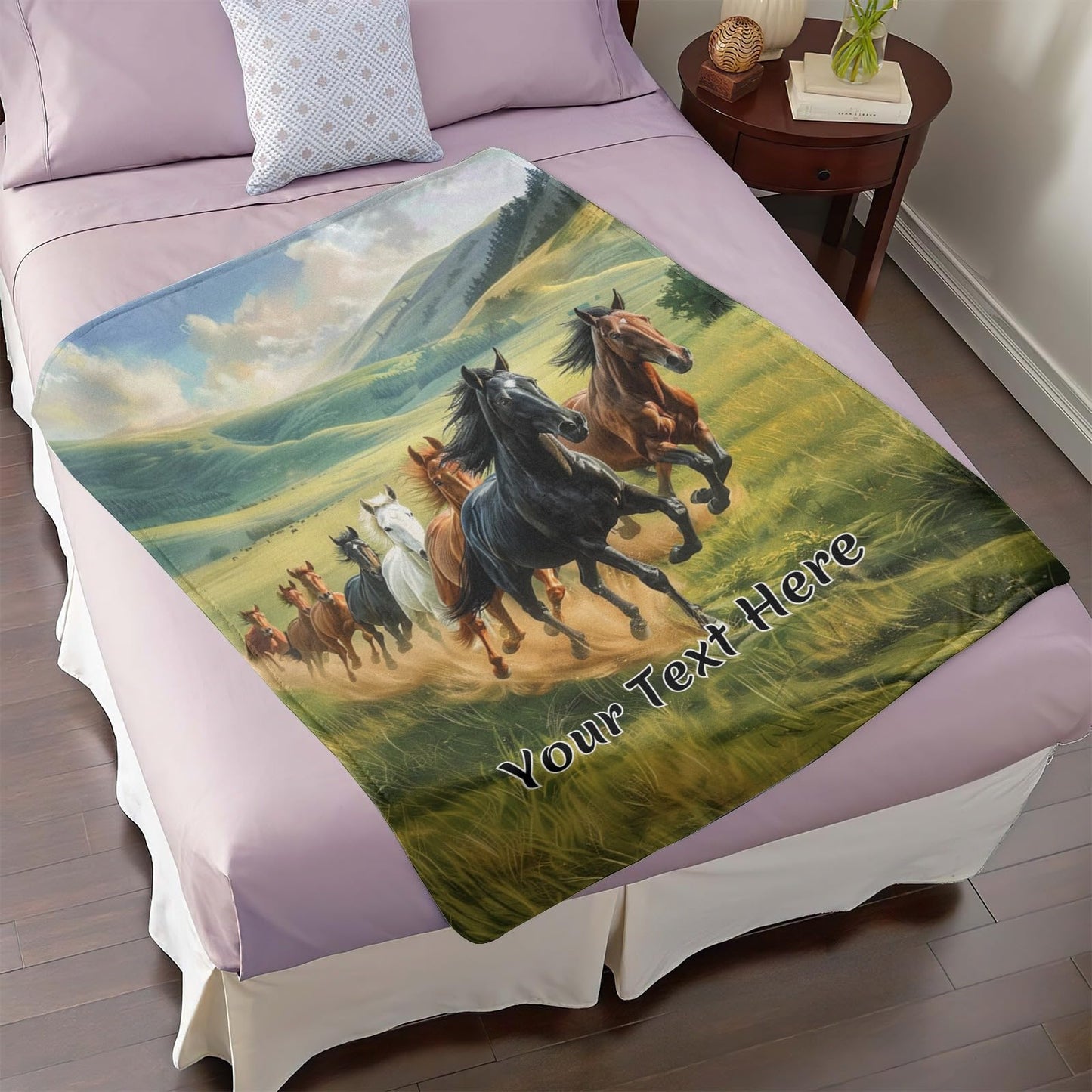 Personalized Horses Blanket with Name, Galloping Running Horse Soft Decorative Flannel Throw Blanket for Bed Couch, Birthday