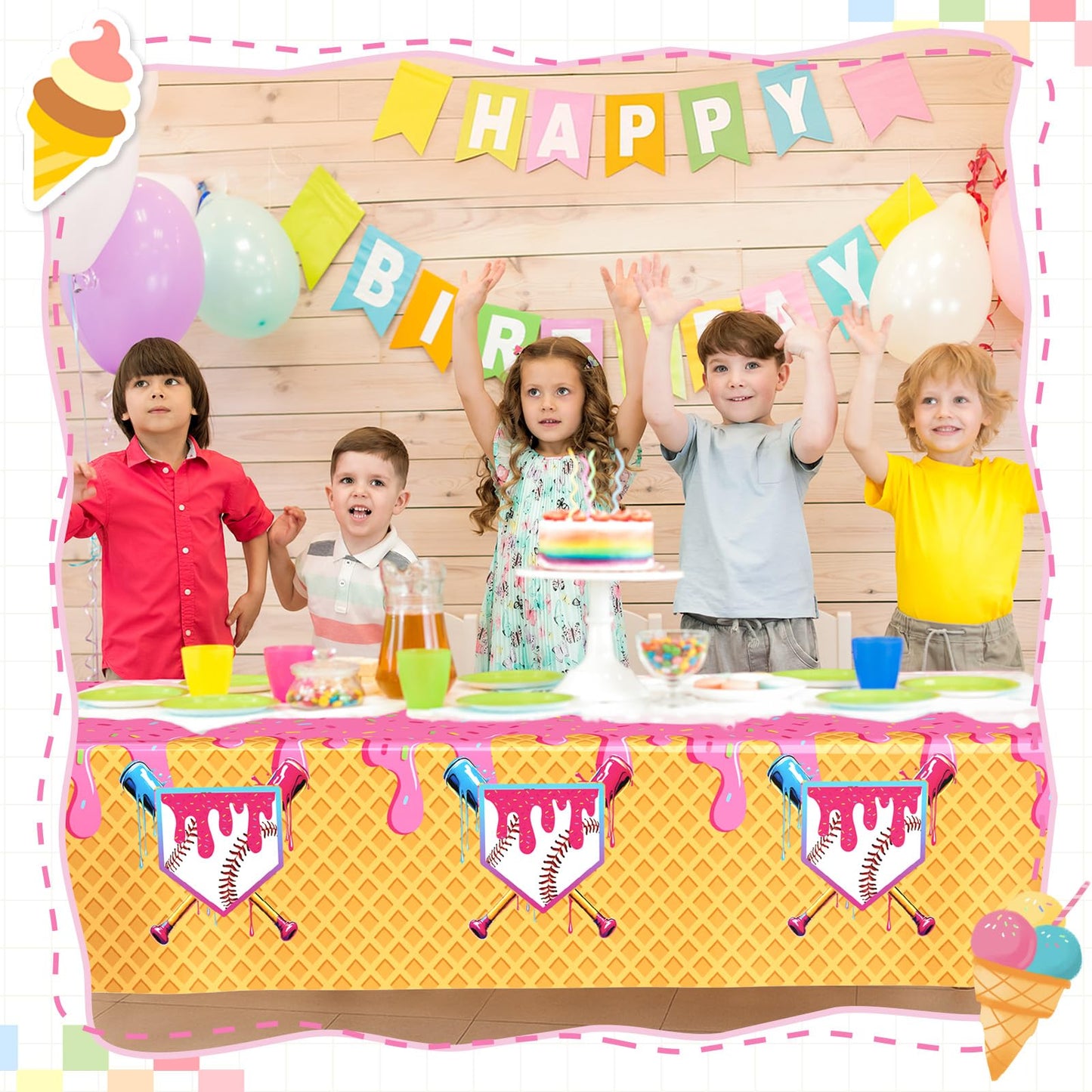 Gilprop 2 Pcs Baseball Ice Cream Drip Birthday Party Decorations Plastic Cute Birthday Tablecloth 108 x 54 Inches Disposable Rectangle Tablecover for Boys Girls Kids Baby Shower Party Supplies