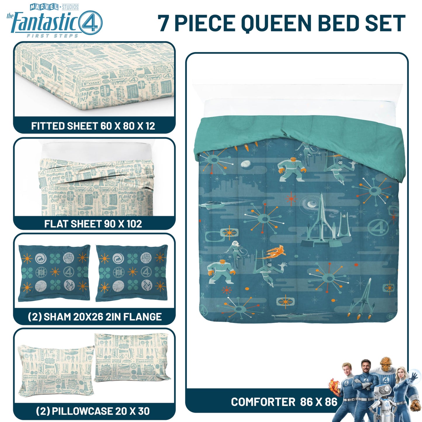 Jay Franco Kids Bed Set, Blue, The Fantastic Four, 7 Piece Queen