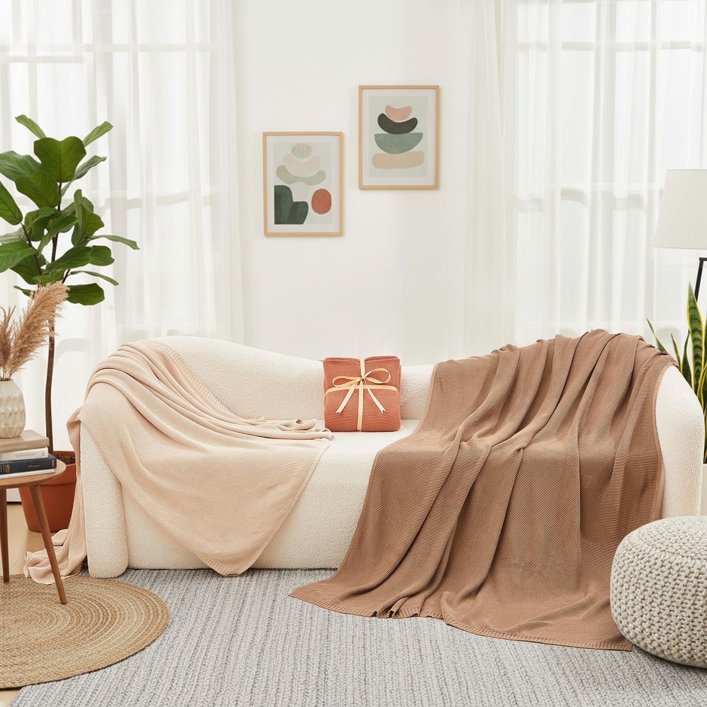Breling 3 Pcs 50 x 60 Inch Large 100% Cotton Knitted Throw Blanket for Couch Sofa Bed Room Home Use Travel Soft Lightweight and Machine Washable Cozy Knit Blanket Handmade Lap Towel,Beige Orange Brown