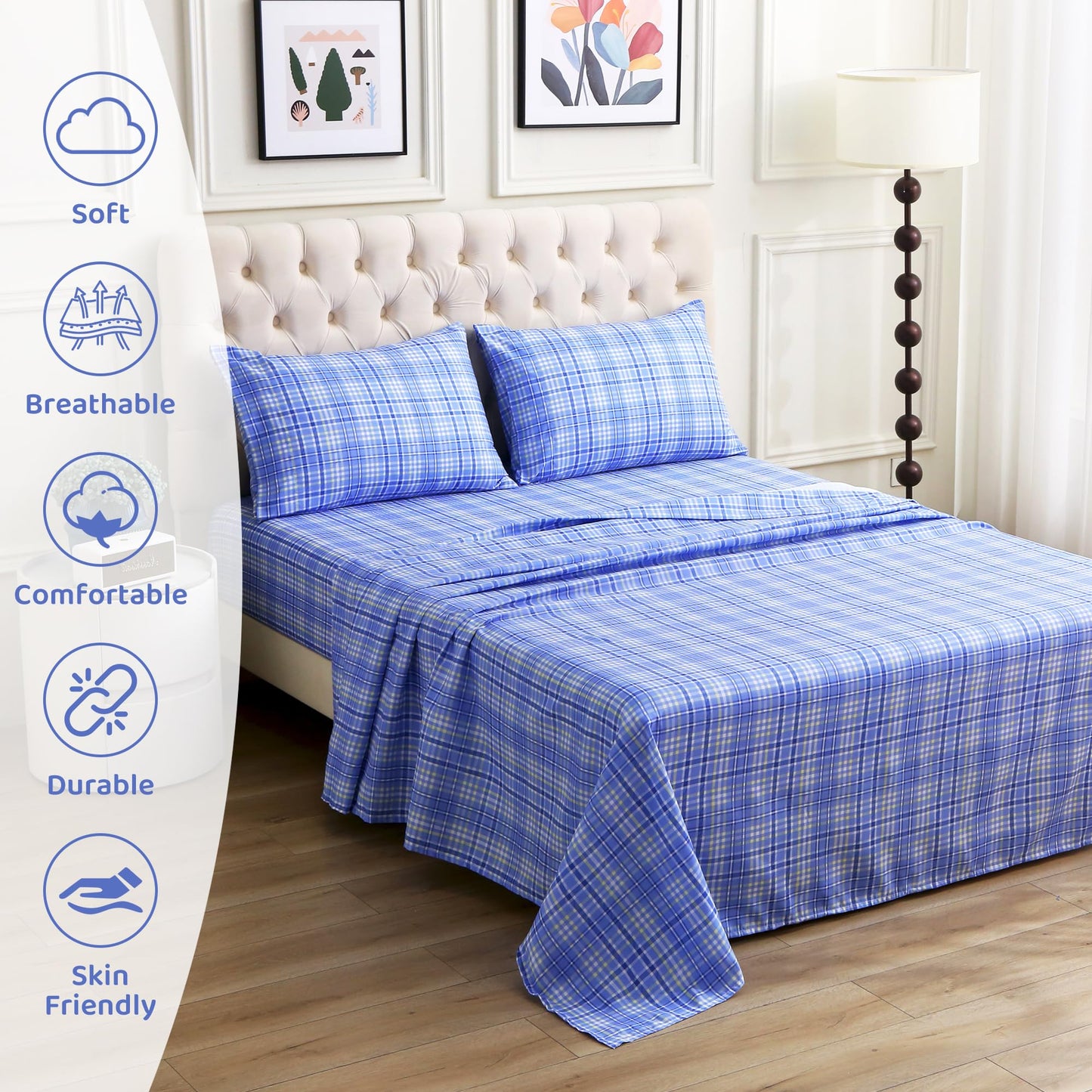 Mooreeke Cozy Plaid Microfiber Printed Queen Sheet Set - Soft & Breathable Purple Yellow Plaid Bed Sheets with Extra Deep Pocket - Non-Slip Fitted Design - Purple Yellow Square Plaid Pattern - Queen
