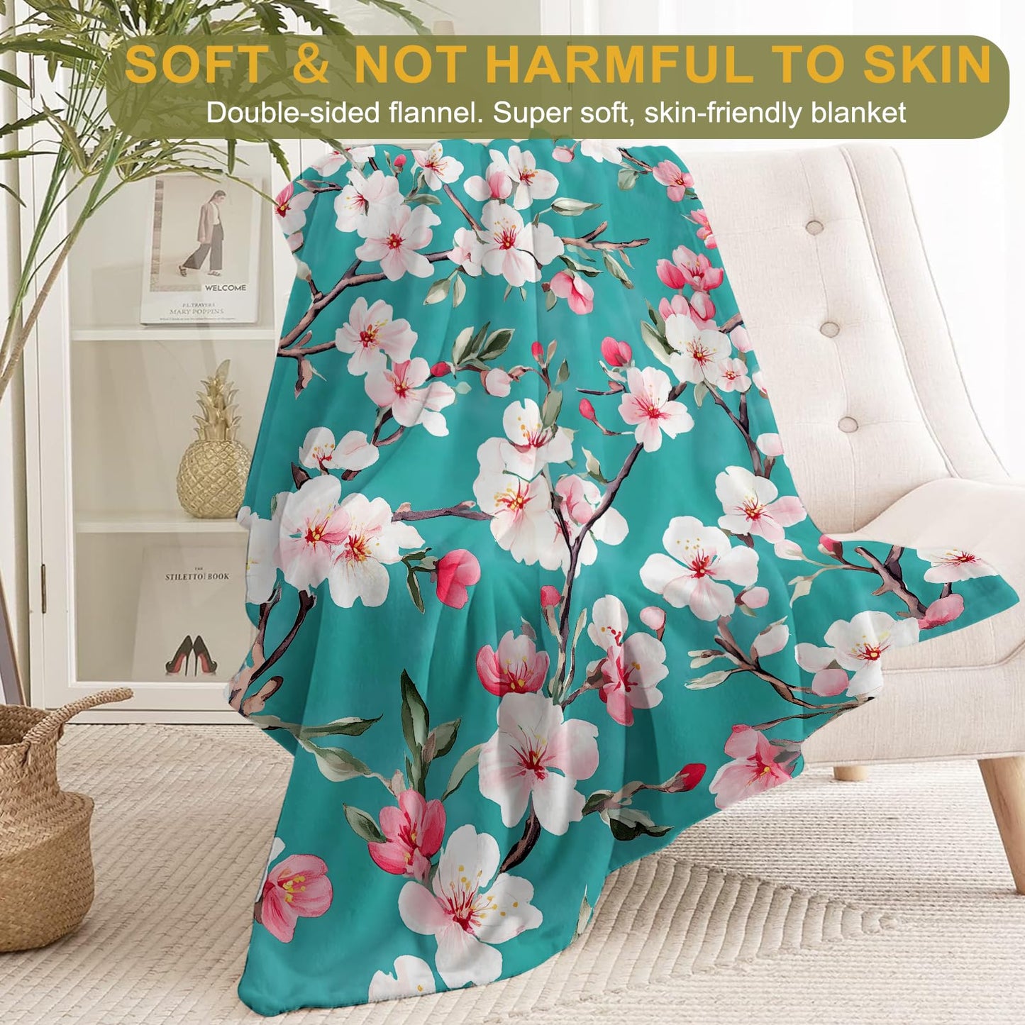 ainori Cherry Blossom Branches Flannel Blanket - Lightweight Soft Cozy Unique Gifts Blankets for Floral Lovers,Kids,Adult,Women, Elegant Teal Background Art Throw,Home Room Modern Decor 50x60in