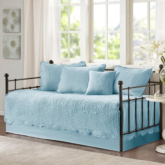 Madison Park Daybed Cover Set Damask Quilted Cover for Daybeds, All Season, Pre-Washed Cotton-Filled Coastal Bedding with Scallop Edge, Shams, Bedskirt, Décor Pillows, Tuscany, 39"x75", Blue 6 Piece
