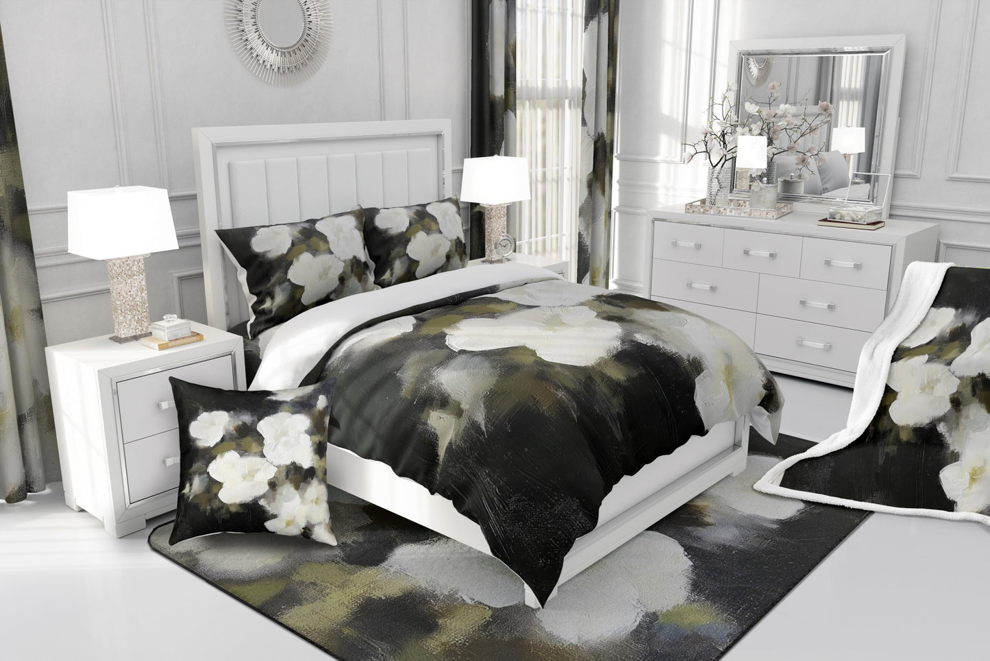 Erosebridal Oil Painting Flower Bedding Set for Kids Teens,Abstract Art Comforter Set Full Size,White Daisy (Comforter+Fitted+Flat Sheet+2 Pillowcases+2 Throw Pillow Covers) 7 Pieces Bed Set