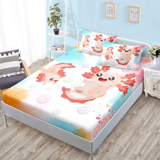 HOSIMA Axolotl Kawaii Bedding Set for Kids Bedroom Decor Colorful Background Cartoon Axolotl Cute Fitted Sheet Set Twin Size,1 Fitted Sheet+2 Pillowcases.