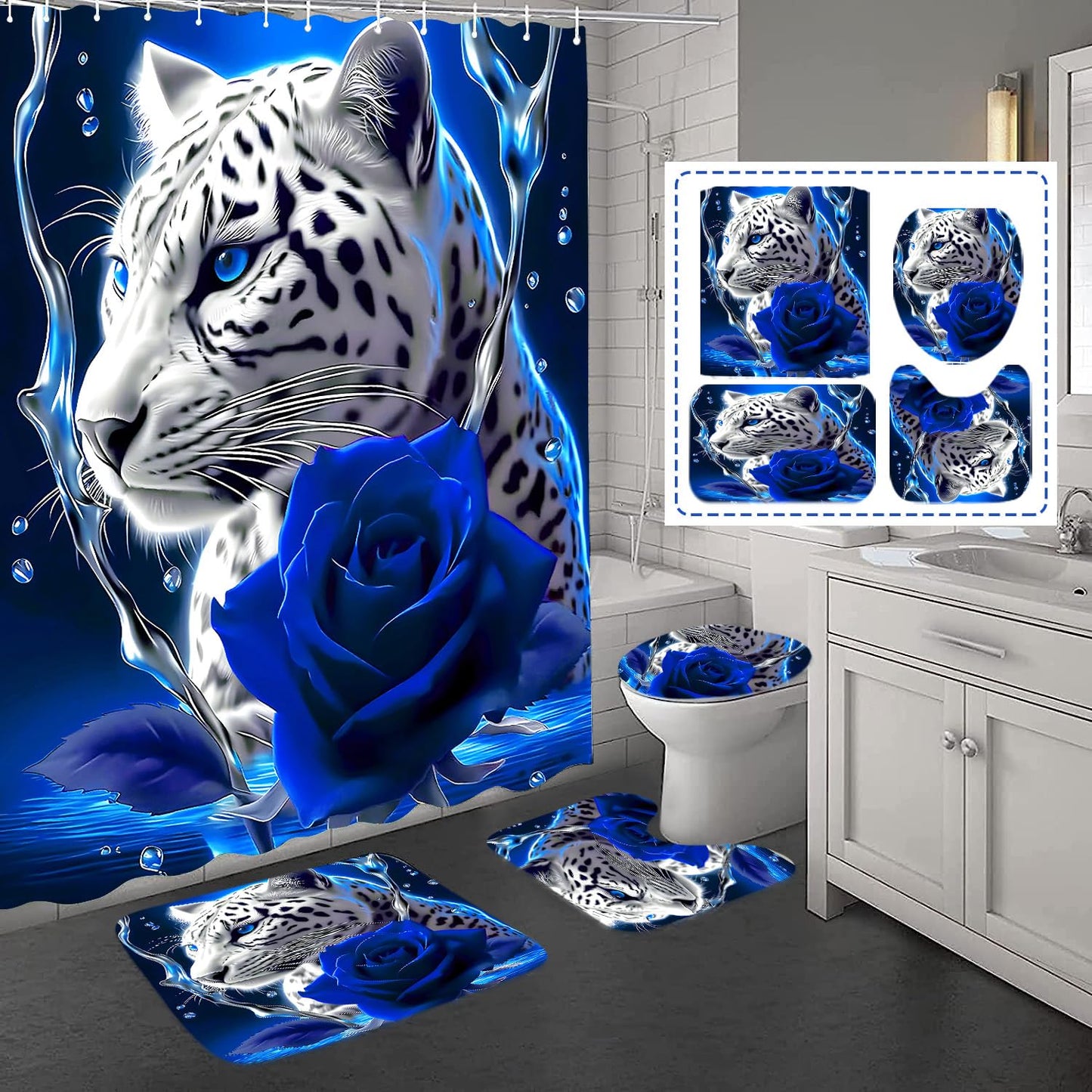 beifivcl 4PCS Blue Rose and Leopard Shower Curtain Bathroom Set with Non-Slip Rugs, Toilet Lid Cover and Bath Mat, Blue Bathroom Decor Set Accessories Shower Curtains with 12 Hooks, 72 x 72 Inch