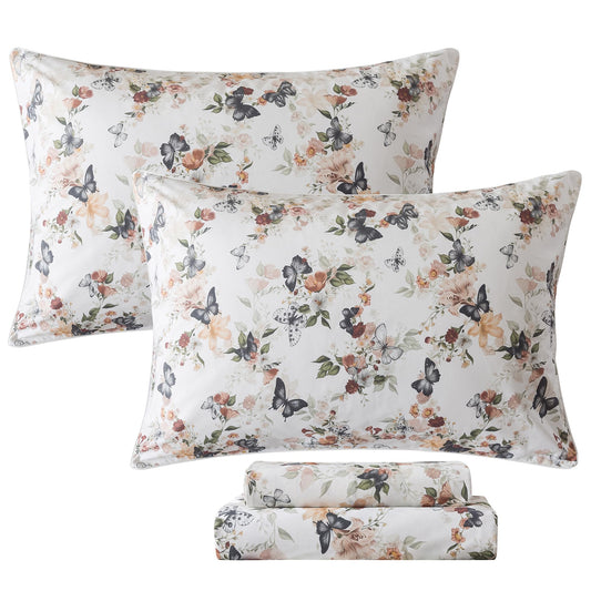 FADFAY Butterfly Sheets Set King Watercolor Floral Bed Sheets Set Vintage Botanical Bedding Shabby Rustic Leaves Bedding Collections 100% Percale Cotton Breathable Soft Deep Pocket 4Pcs, King Size