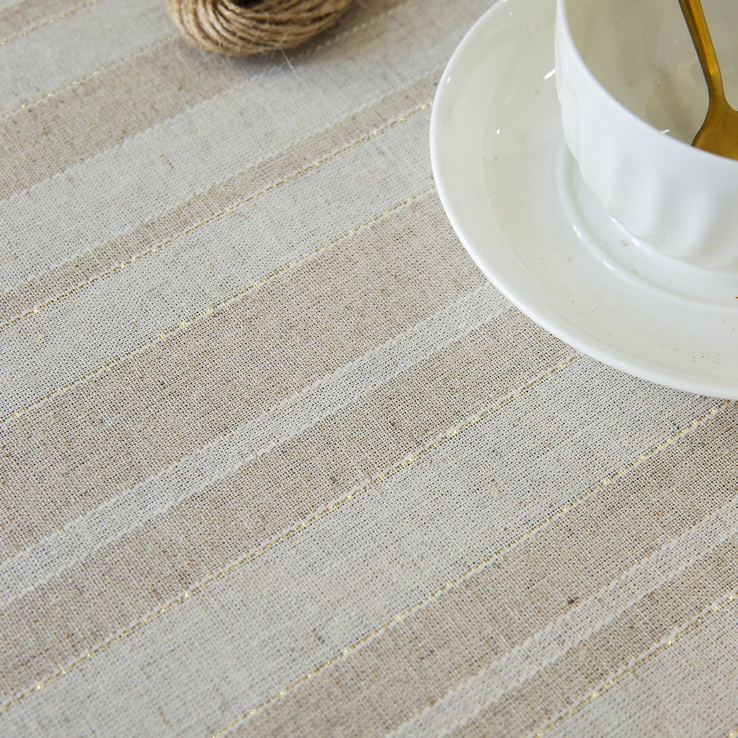 Linen Textured Rectangle/Oblong Tablecloth with Lace Trim Yarn-dyed Golden Purl StripeTable Cover for Buffet Banquet Parties Event Holiday Farmhouse Kitchen Dining Table Cloth Decor 52x70 In