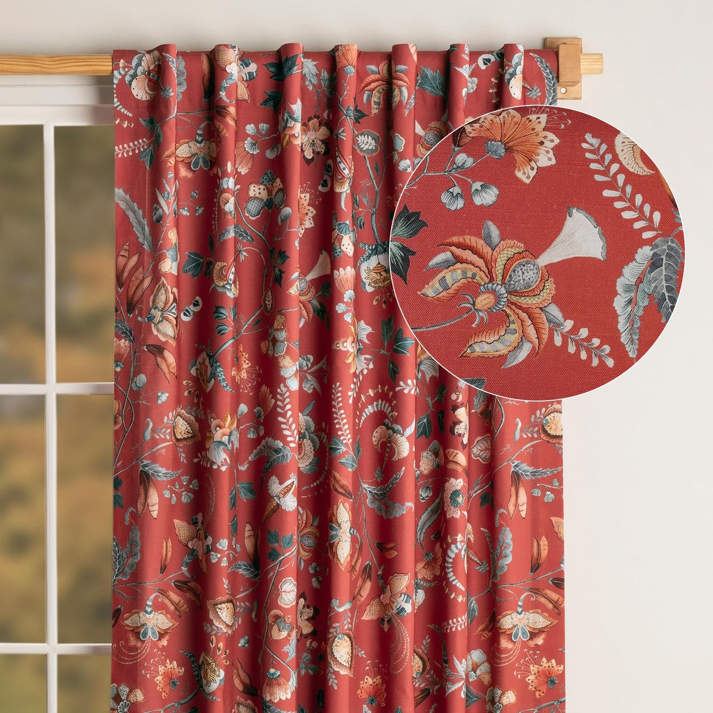 Maison d' Hermine Curtains for Living Room 100% Cotton 96 inch Length One Panel Light Filtering Curtains for Windows with Rod and Loop Pockets Spring Summer (Dalida - Terracotta, 50" W x 96" L)
