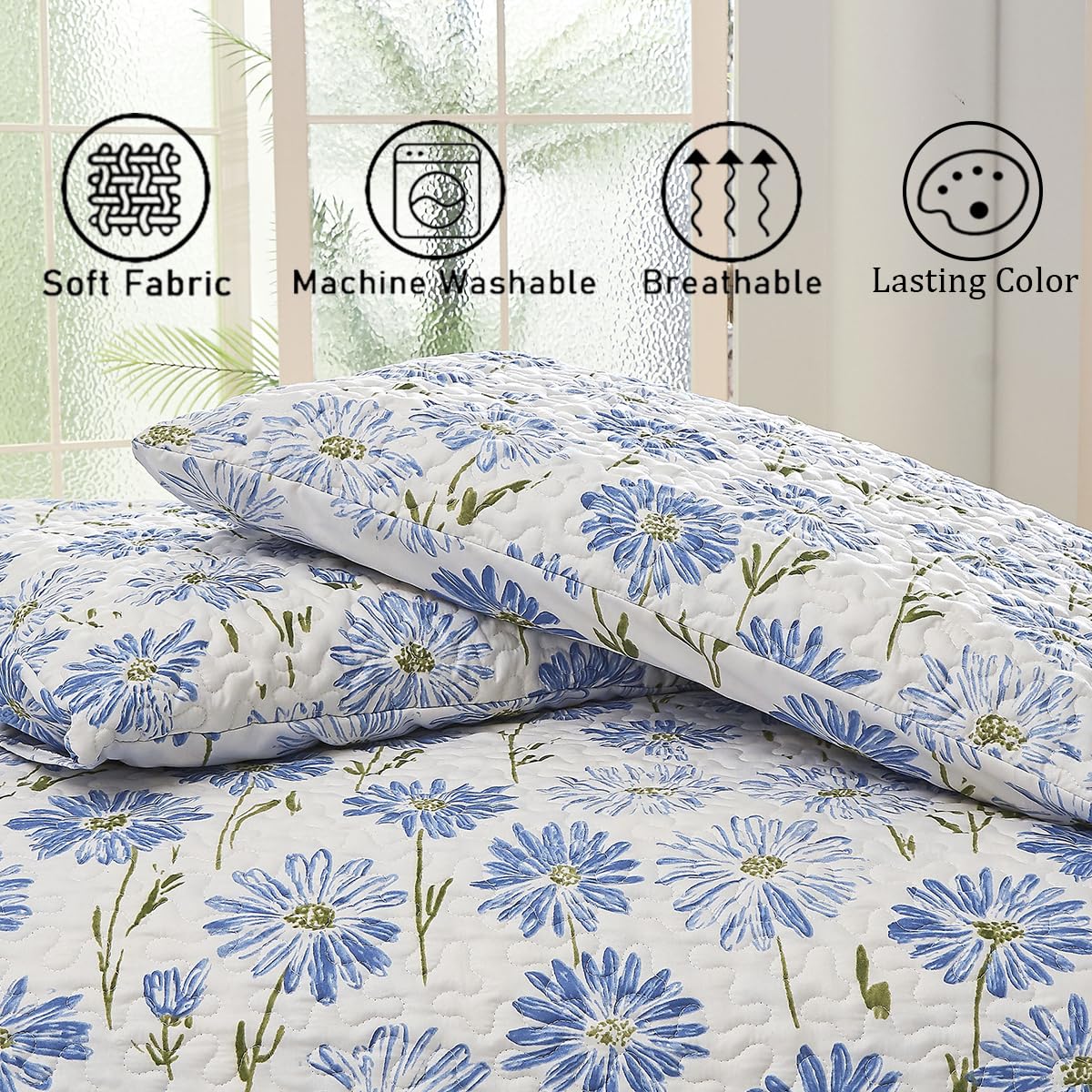 SANOCAY Blue Daisy Floral Quilt Set King Size, 3 Piece Lightweight Summer Bedding Set with 2 Pillow Shams, Soft Reversible Microfiber Bedspread, Farmhouse Coverlet for All Season (Blue Daisy, King)