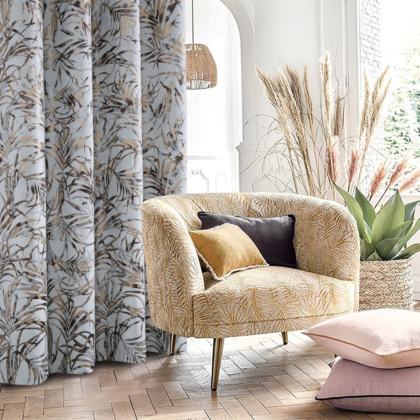 always4u Multi Colour Foil Print Velvet Curtains for Living Room Rainforest Leaves Modern Window Drapes 2 Panels 54 * 95 Silver Velour Curtains