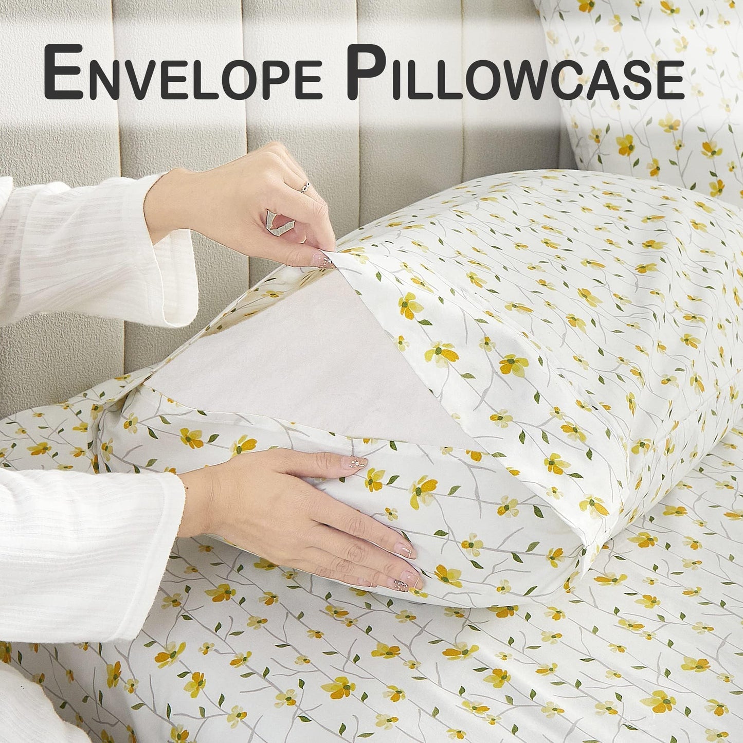 Softan Yellow Floral Bed Sheets Full Flower Printed Sheets - Patterned Microfiber Fitted Sheets Full with 15" Deep Pocket & Non-Slip Straps, Cute Flower Sheets & Pillowcase Set