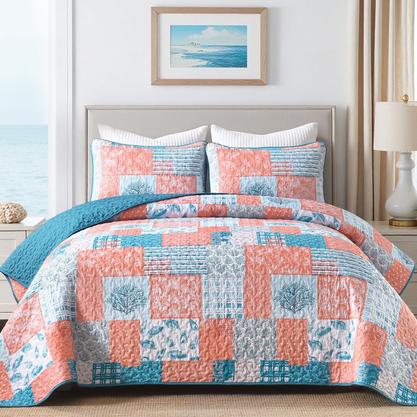 Xruibed Coral Pink Ocean Quilt Set Queen Coastal Beach Theme Quilt Soft Microfiber Bedspread with 2 Pillow Shams Patchwork Beach Bedding Quilt for All Season 90"x96"