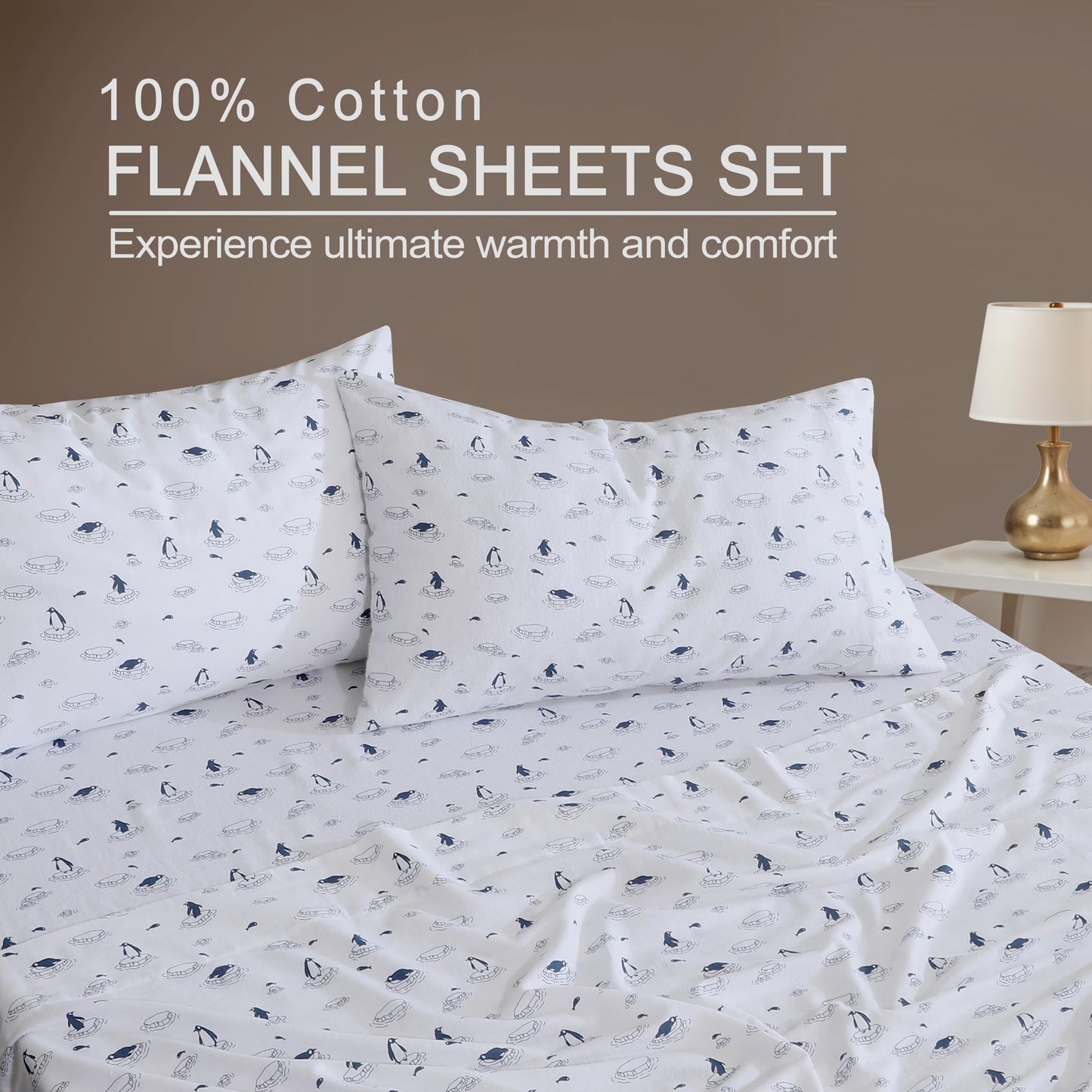 ZOYER Flannel Sheets Twin XL Size - 100% Cotton Double Brushed Twin XL Sheet Sets, Deep Pockets 16 Inches, All Seasons Breathable & Extra Soft Bed Sheets, Warm & Cozy, 3 Piece, Penguin Edge